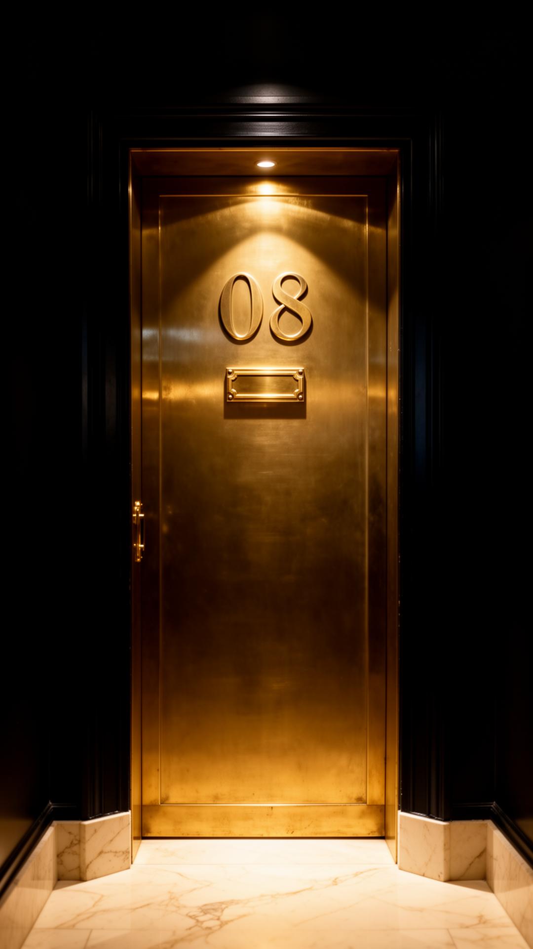 Brass salon suite door numbered 08